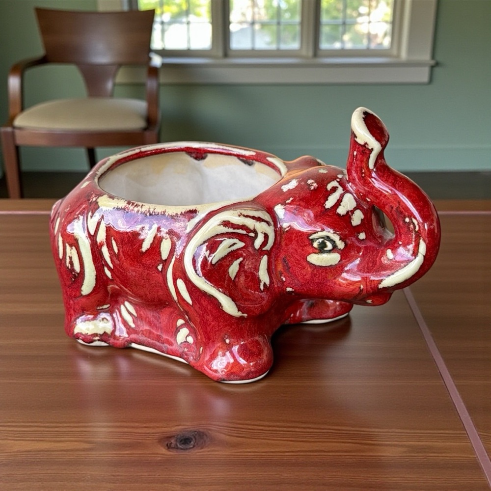 Elephant Planter Pot Red & Cream Glazed Trunk Up Figurine Boho Decor